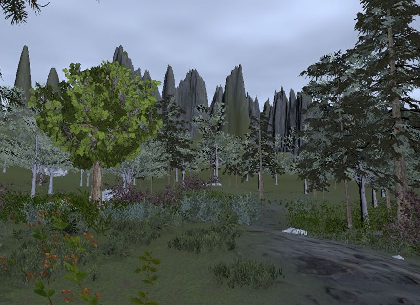 VR scene showing overcast sky and rain
